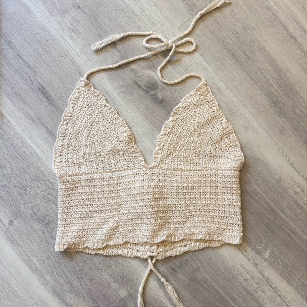 AB Studio Cream Crochet Crop Top